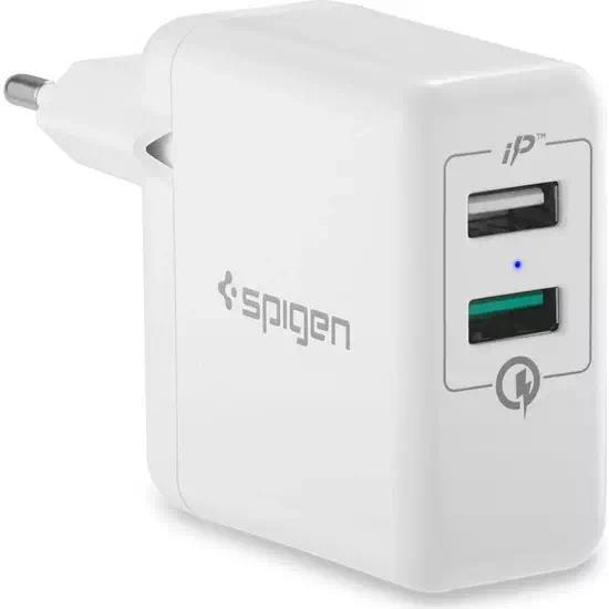 Spigen Essential 30W Hızlı Şarj Cihazı 2 Port USB Qualcomm 3.0 18W + iP (Intelligent Power Technology) 12W Duvar Şarjı